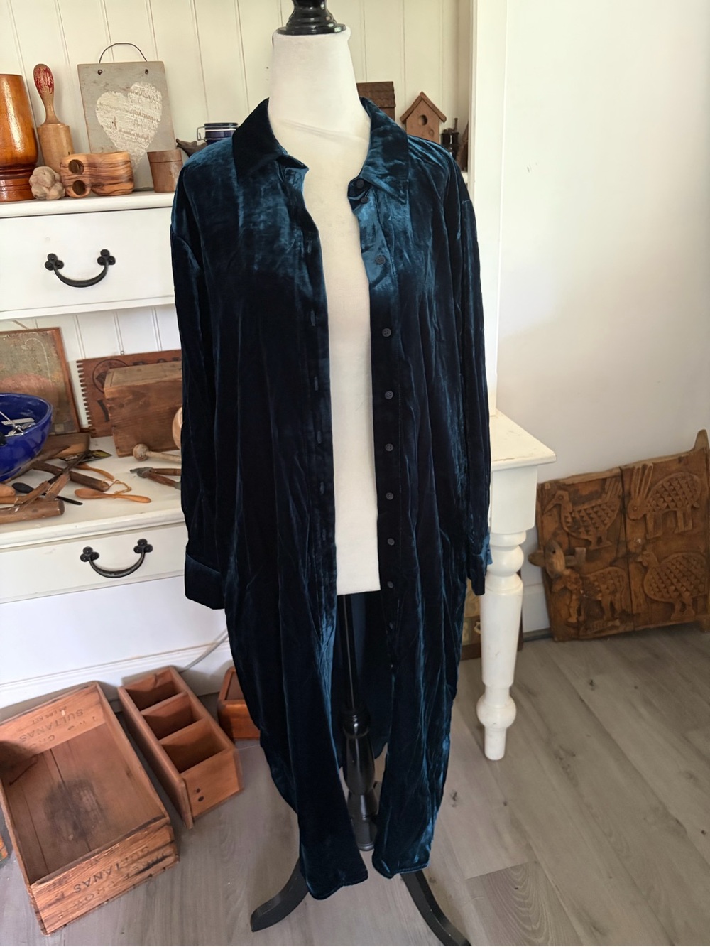 Elk Long Velvet Button-Up Dress in Deep Teal
